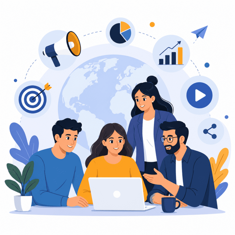 Team of digital marketing professionals working on AI-powered online growth strategies